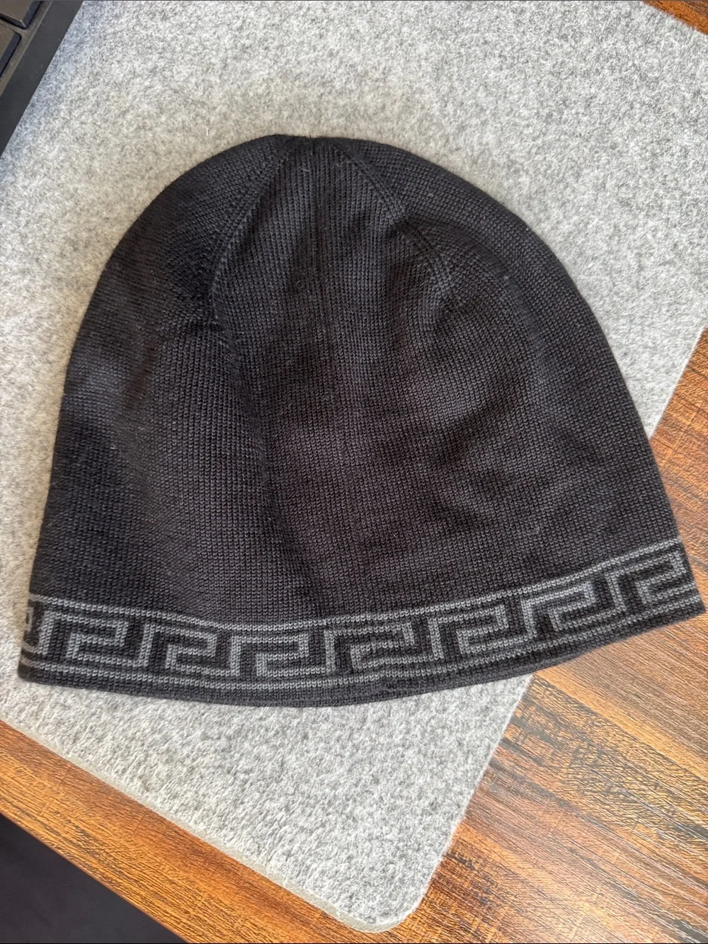 Versace Black and Gray Knit Beanie with Greek Key